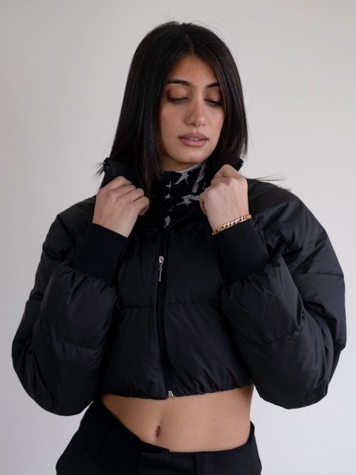 Chris black short inflatable warm jacket with zip.